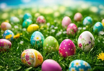 Fototapeta na wymiar dyed eggs in green grass, Easter, 3D