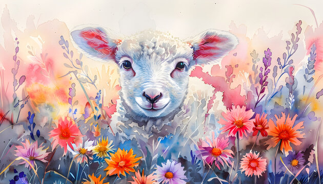 Watercolor painting of cute lamb in a colorful flower field, ideal for art print, greeting card, easter or springtime concepts.