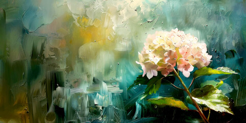 Illustration of Hydrangea flower. Oil painting. natural banner.
