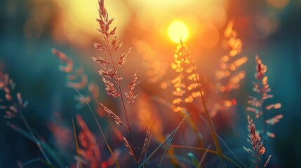Sunset Macro of Wild Grass in Forest: Shallow Depth of Field Abstract Summer Nature Background with...