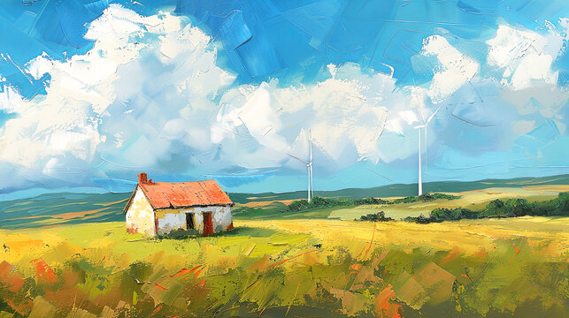 Landscape featuring a solitary one cottage, wind turbines. Oil painting art banner