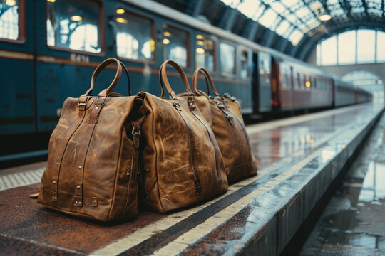 beautiful bags at railway station near railroad