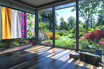 A sunroom addition plan on a digital screen, showcasing a panoramic view of the garden through floor-to-ceiling windows, with fabric samples for sun-resistant curtains on the side.