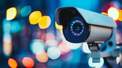 Fototapeta na wymiar Surveillance Camera Against Blurry City Lights