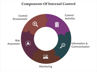 Five components of internal Control - Control Activities, Information and communication, monitoring, Risk assessment, Control Environment. Infographic template with icons and description placeholder