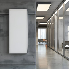 contemporary office corridor interior with mock up white billboard, glass doors, and modern furniture on concrete floors - architectural and design concept