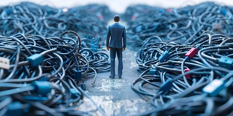 Businessman Facing Digital Crossroads of Choices and Decisions on USB Cable Road - obrazy, fototapety, plakaty