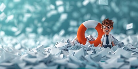 Cartoon Businessman Navigating a Sea of Emails with a Lifebuoy,Overcoming Communication Challenges in the Workplace