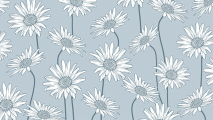 Light blue floral vector monochrome design with chamomile flowers. Floral background, wallpaper, cover, poster, banner