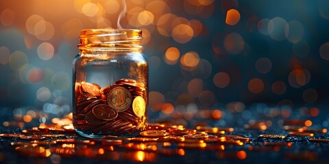 a glass jar filled with shimmering golden cryptocurrency coins symbolizing the accumulation of digital wealth The jar stands - obrazy, fototapety, plakaty