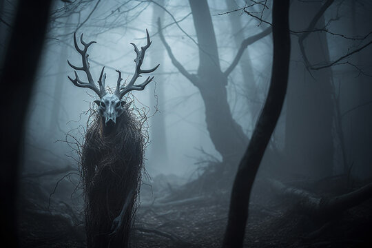 Culture and religion, horror, sci-fi concept. Wendigo mythical being creature in forest. Deer looking humanoid creature with horns in woods