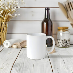 Obraz premium White mug mockup on a rustic white counter iconic.