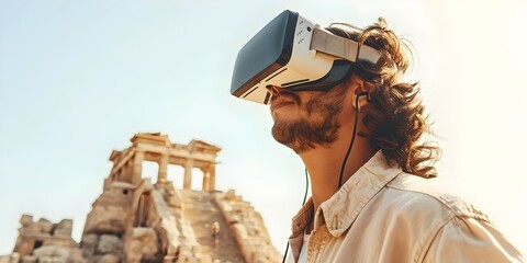 Tourist Exploring Ancient Ruins with VR Glasses on Time-Traveling Tour with Copy Space on White Background