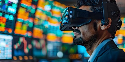 Virtual Reality Trader Analyzing Financial Frontiers with Advanced Analytics Dashboards in Immersive Digital Workspace