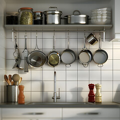 White tiled cupboard with some pans, pots and pans hanging on the racks.