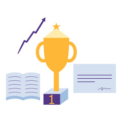 Trophy cup with book and award. Vector illustration in flat style with education theme. Editable vector illustration.