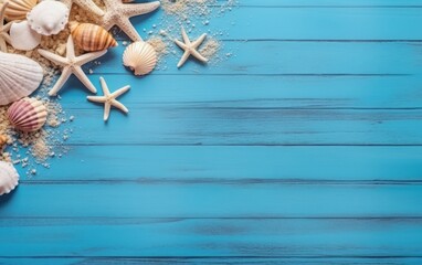 Obraz na płótnie Canvas beach scene concept with sea shells and starfish on a blue wooden background