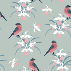 Delicate orchids and birds. Summer seamless vector illustration.
