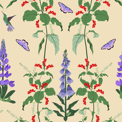 Seamless vector illustration with lupines, digitalis, butterflies and hummingbirds
