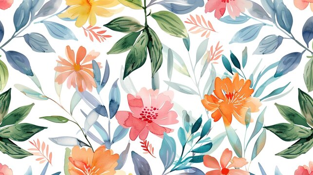 Watercolor floral and leaves seamless pattern,Generative ai, 