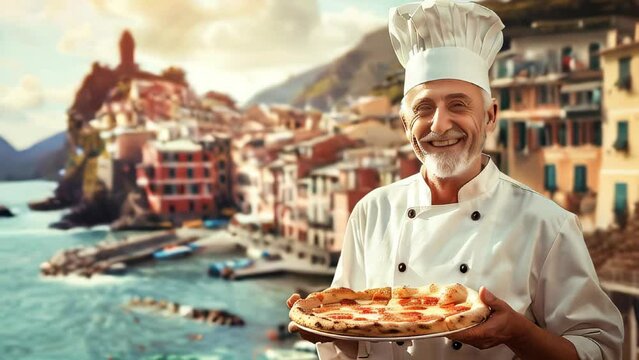 An Italian chef holding a pizza