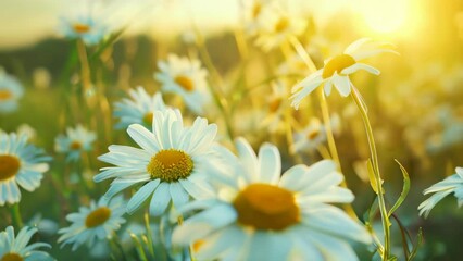 Daisies field in sunset light, spring nature landscape background