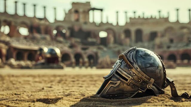 A gladiator helm in the sand of the arena