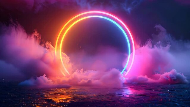 Abstract composition of a neon circle and clouds or steam around