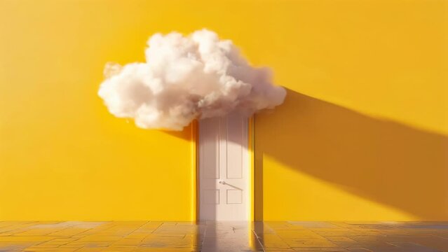Fantasy minimalist yellow background with little fluffy clouds and a door shape in a wall