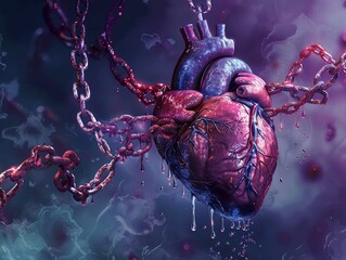 Illustration of a heart ensnared by chains of lipids and plaque, symbolizing coronary artery disease and its dangers - obrazy, fototapety, plakaty