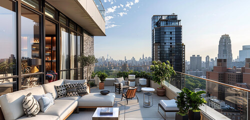 A chic balcony with modern outdoor furniture, potted plants, and a view of the skyline. - obrazy, fototapety, plakaty
