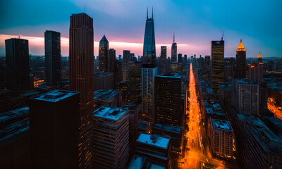 Aero view of the downtown of a big city against the backdrop of sunset.