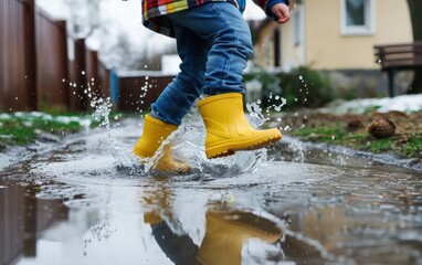 kid wearing yellow rain boots and walking during sleet