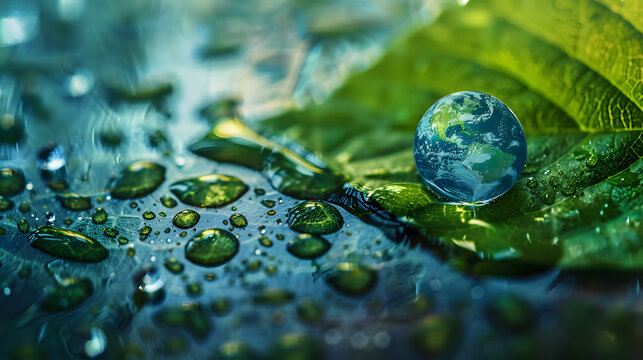 A leaf with a water droplet on it, and a smaller globe within the droplet.