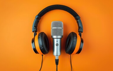 podcasting concept, above view of headphones and recording microphone on orange background