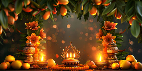 Happy Ugadi Greeting Card Background With Decorated Kalash and mangoes traditional new year festival in karnataka andra paradesh. Generative ai  - obrazy, fototapety, plakaty