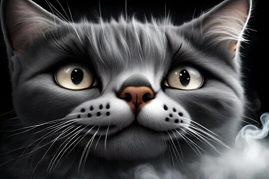 A wide horizontal digital art banner image of a cute gray color cat face with sharp eyes coming out of white smoke in a dark background