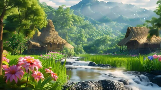 Idyllic tropical landscape with thatched huts, a flowing river, lush greenery, and vibrant pink flowers in the foreground.