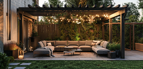 A serene outdoor lounge area with a pergola, sectional sofa, and string lights.