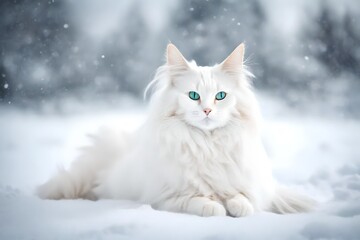 Beautiful white fluffy turkish angora cat on snow background - obrazy, fototapety, plakaty