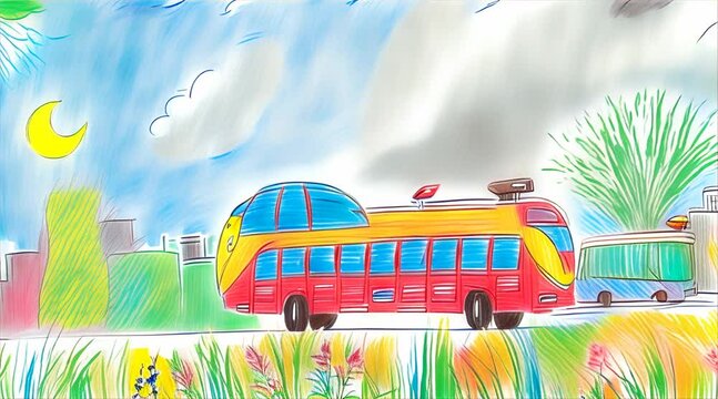 A vibrant child’s crayon drawing depicting a colorful bus in an urban landscape with buildings and trees.
