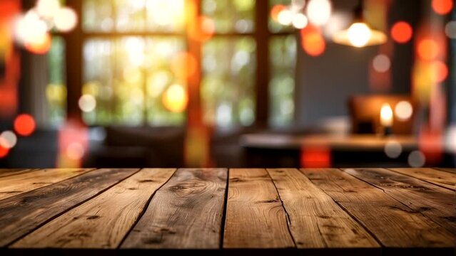 Beautiful empty wooden table top and modern kitchen interior background bokeh and blurred lamp light