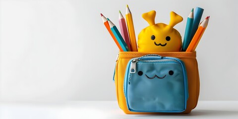 Cheerful Pencil Case Character Organizing Study Supplies and Tools for Successful Work and Learning - obrazy, fototapety, plakaty
