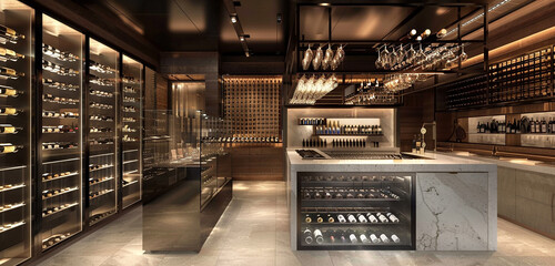 A sleek wine bar with a glass display case, tasting counter, and hanging wine glasses. - obrazy, fototapety, plakaty