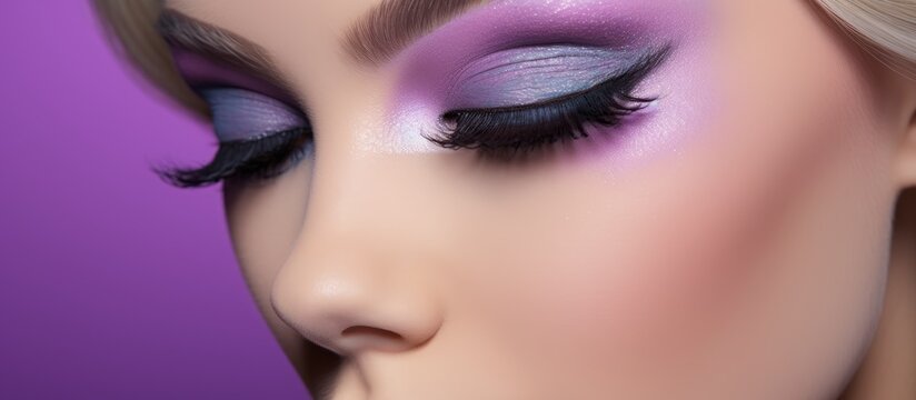 A close up of a womans face with purple eye makeup showcasing her violet eyeshadow, pink eyeliner, and long eyelashes, creating a stunning makeover