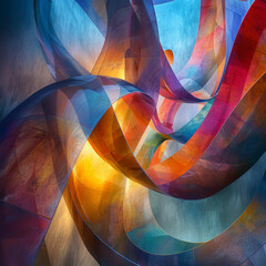 Colorful abstract shapes, technology, digital revolution and traditional influences merge in a...