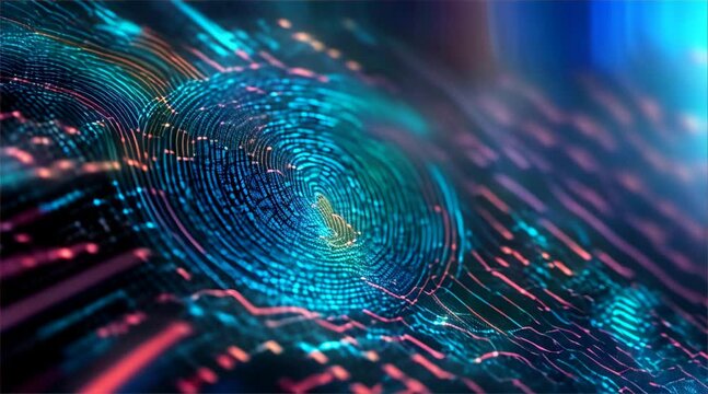 Close-up of a glowing fingerprint scan on a high-tech digital interface with intricate circuit patterns and cybernetic elements.
