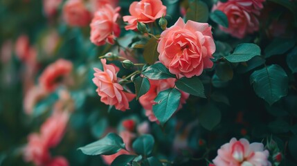 Natural background, photo of a live flowering rose bush with pink flowers ,Generative ai, 