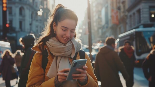 A young woman or girl is smiling while using her smartphone to text on a city street, showcasing the