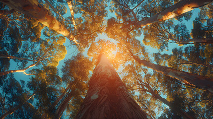 a dense forest with tall trees. The sun shines through the branches, casting a warm glow on the...